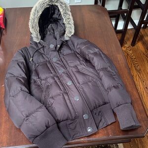 DKNY Brown Puffer Jacket with Faux Fur Hood
